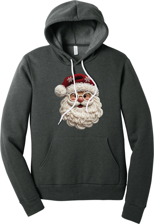 Crocheted Santa hoodie in Dark Grey Heather, featuring a yarn-textured Santa face with a chunky cream beard, round glasses, and a red knit hat with snowflakes and a pom-pom
