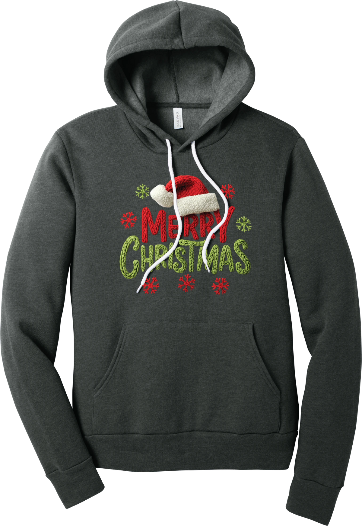 Crocheted Santa Hat Merry Christmas hoodie in Dark Grey Heather, featuring a knit Santa hat over chunky red and green knit-texture Merry Christmas lettering with crochet snowflakes