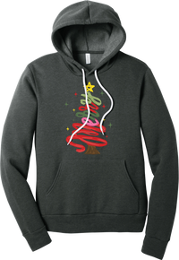 Hand Script Merry Christmas Tree hoodie in Dark Grey Heather, featuring loopy hand-drawn script in red, pink, and green forming a Christmas tree with a gold star and sparkles