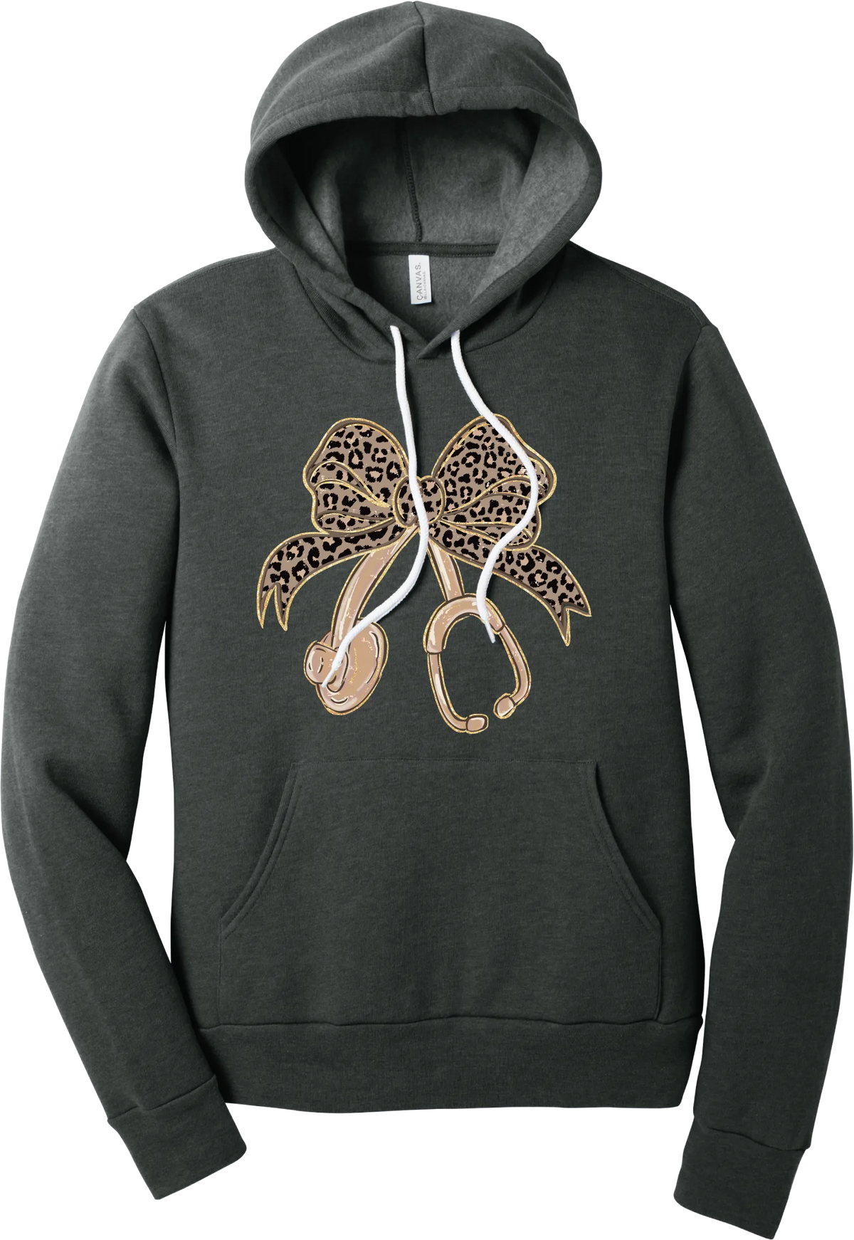 Leopard Bow Stethoscope hoodie in Dark Grey Heather, featuring a glittery leopard print coquette bow tied to a rose gold stethoscope