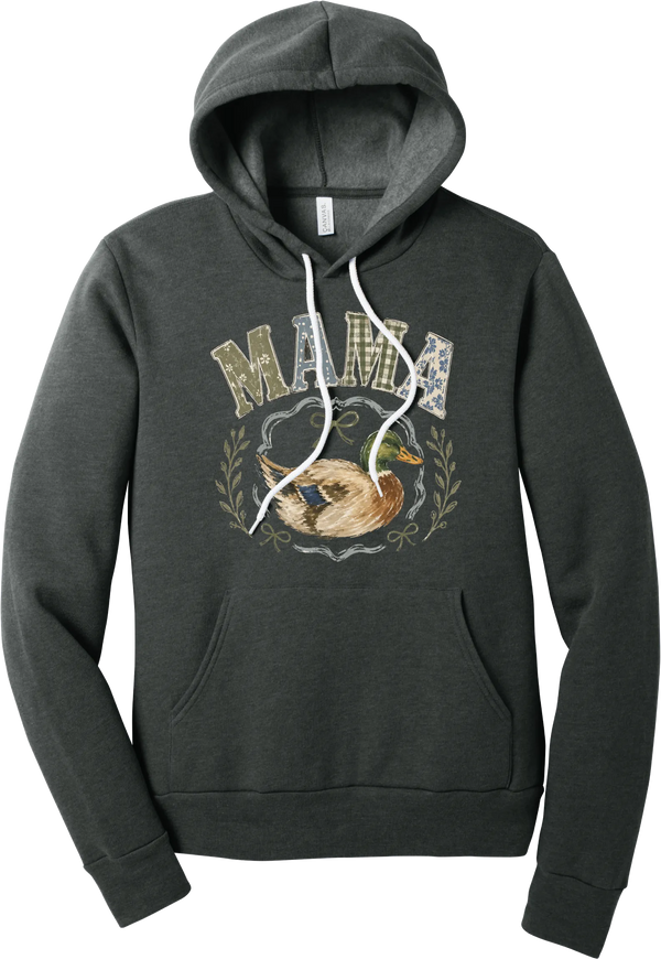 Mallard Mama hoodie in Dark Grey Heather, featuring MAMA in gingham and floral patchwork letters above a painted mallard duck framed by ribbons and laurels