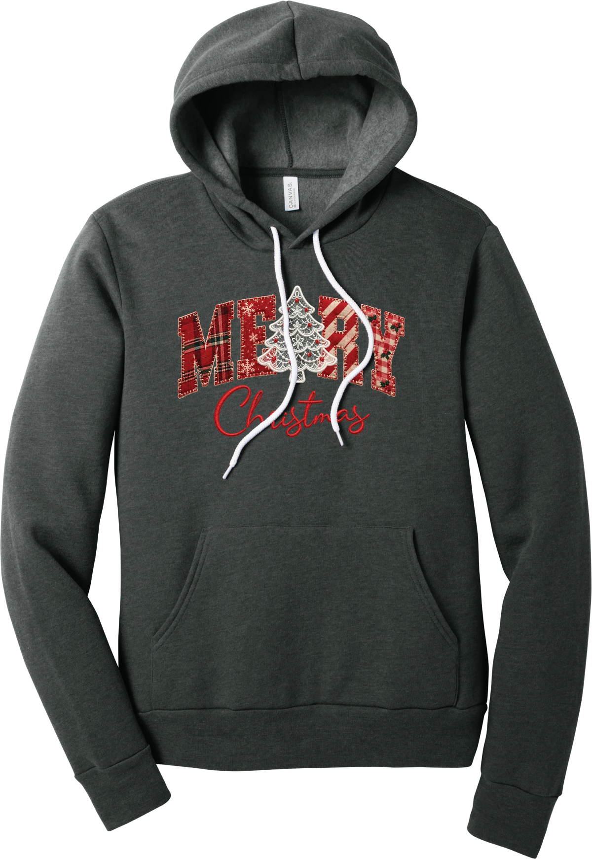 Merry Lace and Pattern Applique hoodie in Dark Grey Heather, featuring faux applique MERRY letters in red plaid, snowflake, candy cane, and gingham fabrics with a lace Christmas tree and red script Christmas