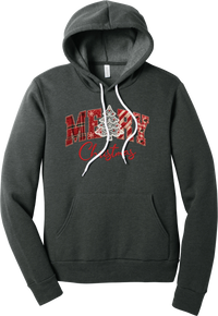 Merry Lace and Pattern Applique hoodie in Dark Grey Heather, featuring faux applique MERRY letters in red plaid, snowflake, candy cane, and gingham fabrics with a lace Christmas tree and red script Christmas