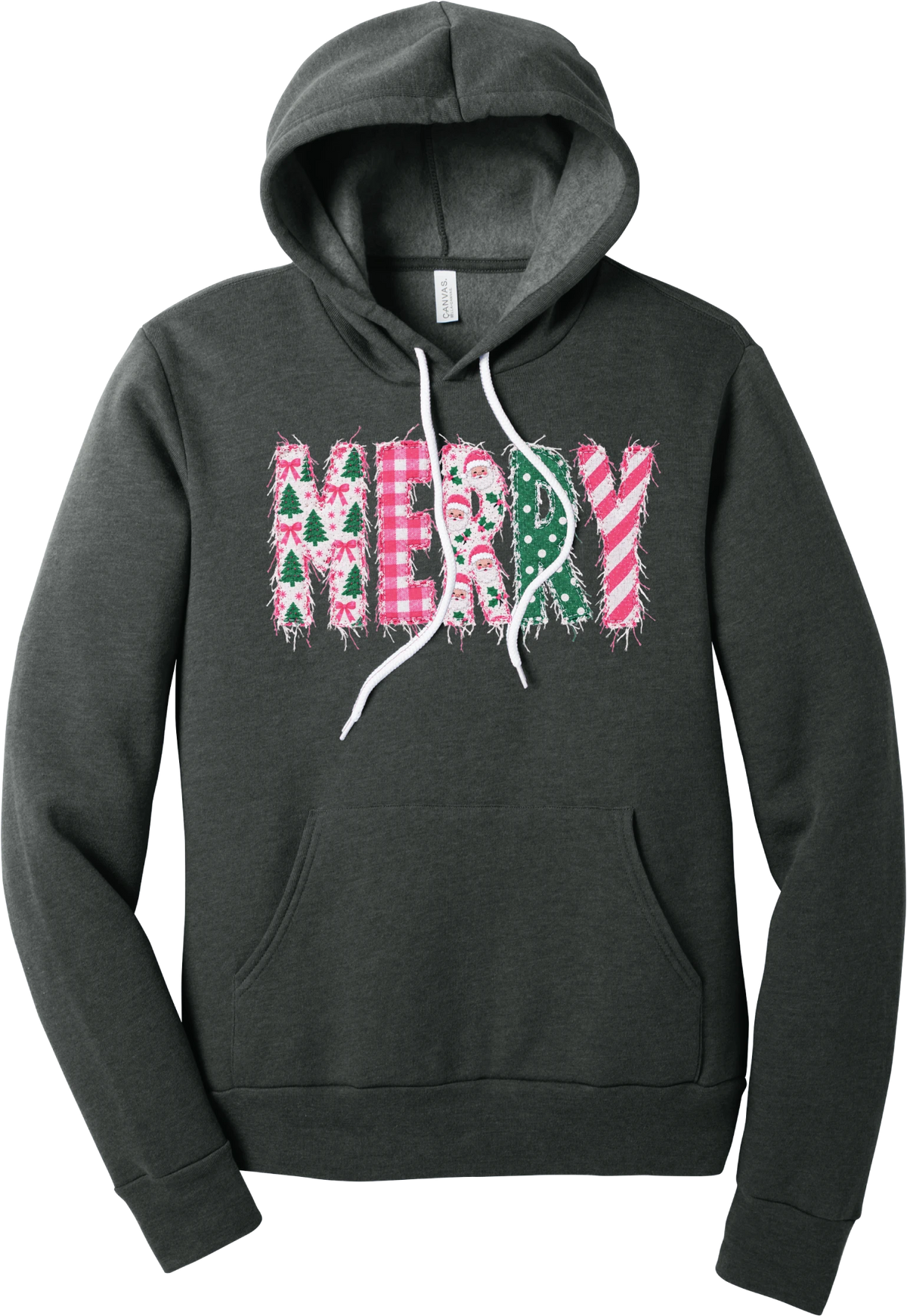 Merry Preppy Applique hoodie in Dark Grey Heather, featuring faux applique MERRY letters in pink and green patchwork patterns with trees, gingham, Santas, polka dots, and candy cane stripes