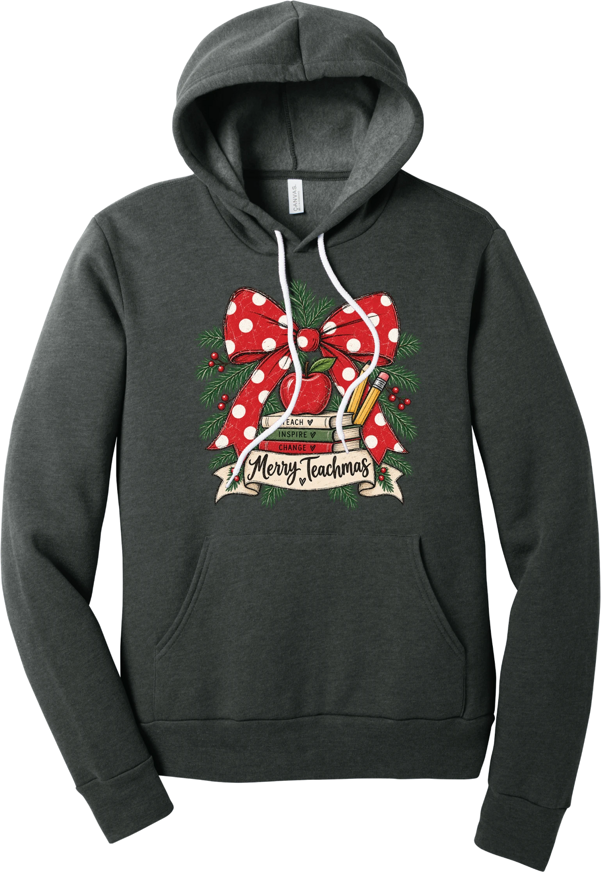 Merry Teachmas hoodie in Dark Grey Heather, featuring a red polka dot bow over a stack of books reading Teach, Inspire, Change with an apple, pencils, evergreen, and a Merry Teachmas banner