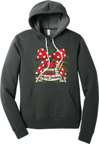 Merry Teachmas hoodie in Dark Grey Heather, featuring a red polka dot bow over a stack of books reading Teach, Inspire, Change with an apple, pencils, evergreen, and a Merry Teachmas banner