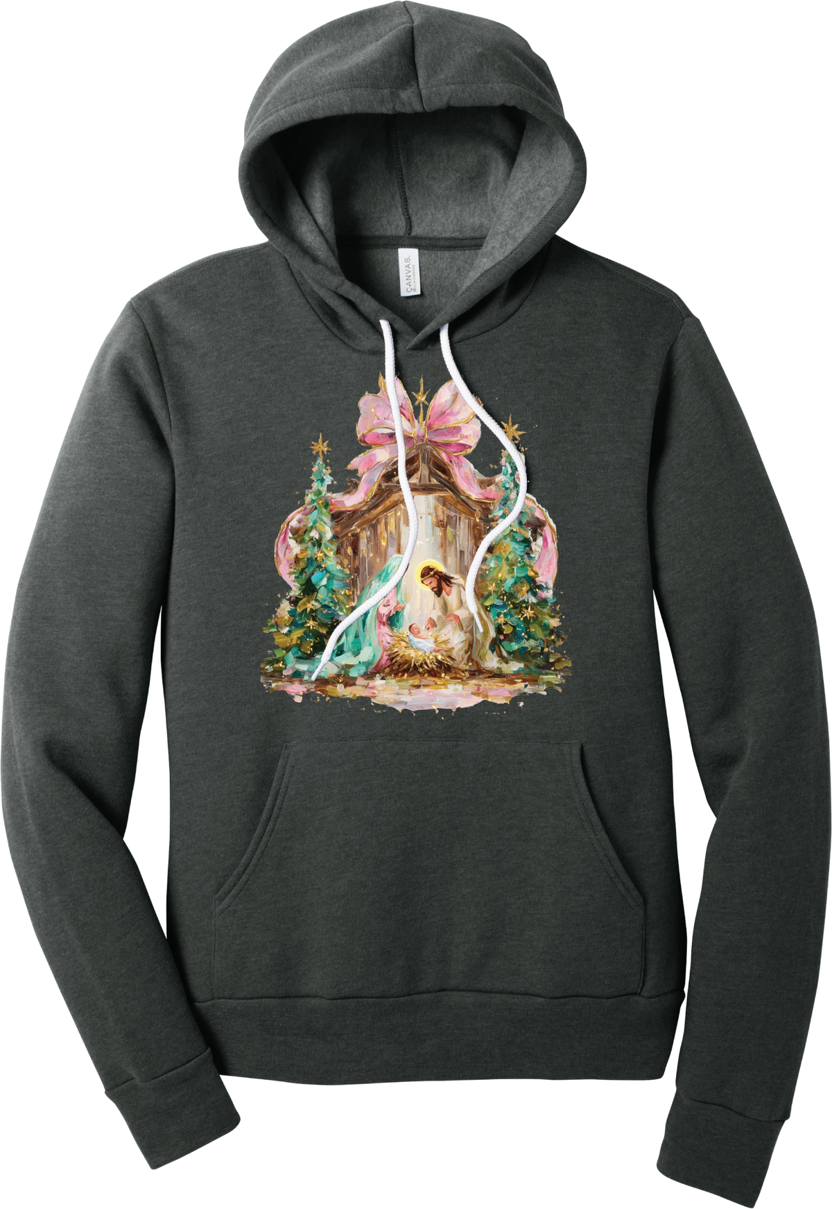 Painterly Nativity hoodie in Dark Grey Heather, featuring a painterly nativity scene with Mary, Joseph, and baby Jesus in a wooden stable between teal Christmas trees and a pink bow