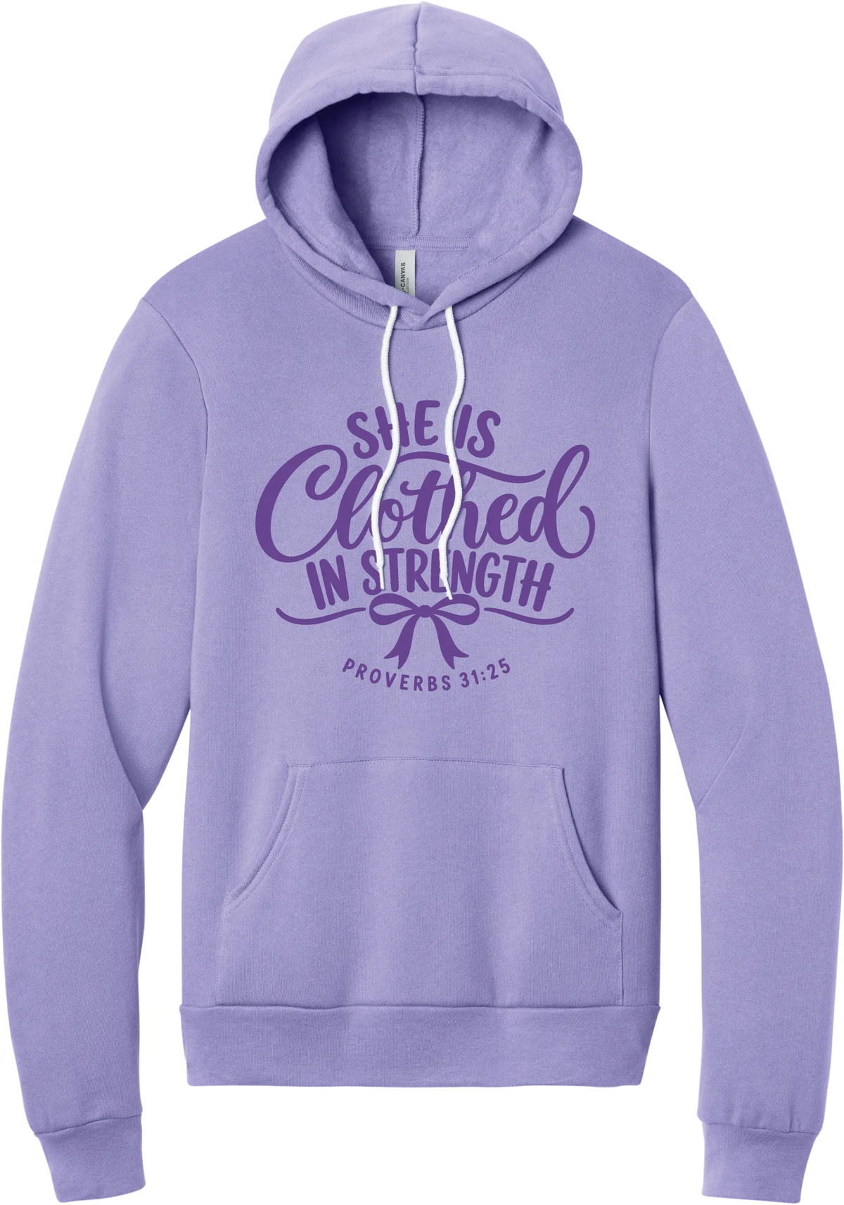 Clothed in Strength hoodie in Dark Lavender, featuring She Is Clothed in Strength in hand lettered script with a bow and Proverbs 31:25