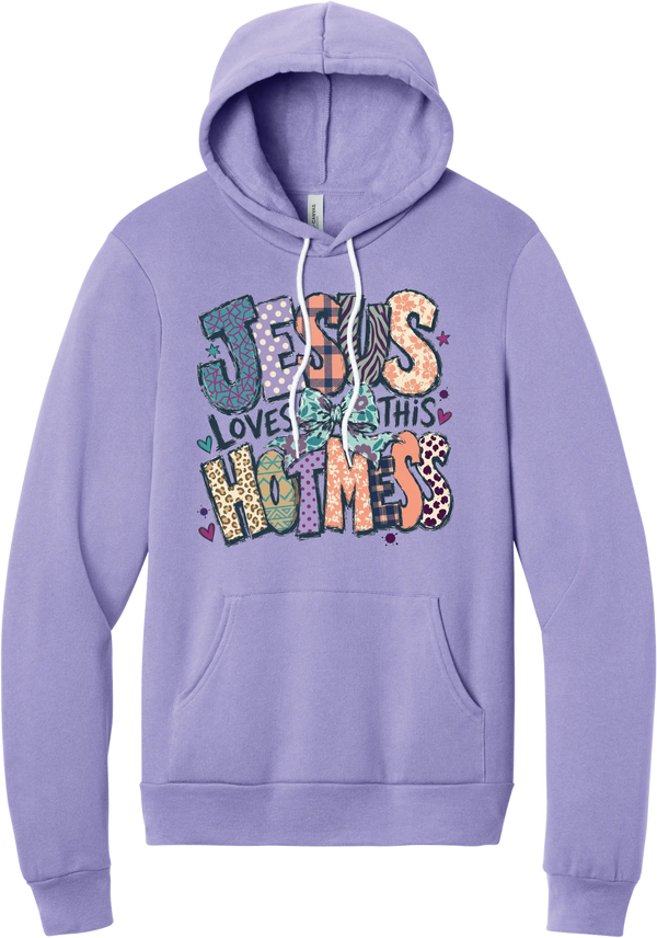 Jesus Loves This Hot Mess hoodie in Dark Lavender, featuring patchwork Jesus Loves This Hot Mess lettering in leopard, plaid, polka dot, and zebra prints with a bow and hearts