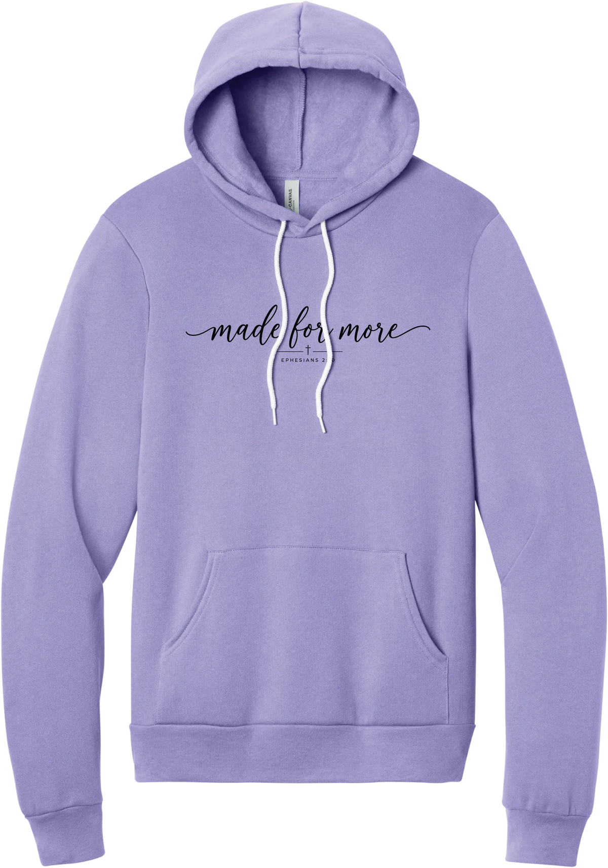 Made for More hoodie in Dark Lavender, featuring made for more in flowing script with a small cross and Ephesians 2:10