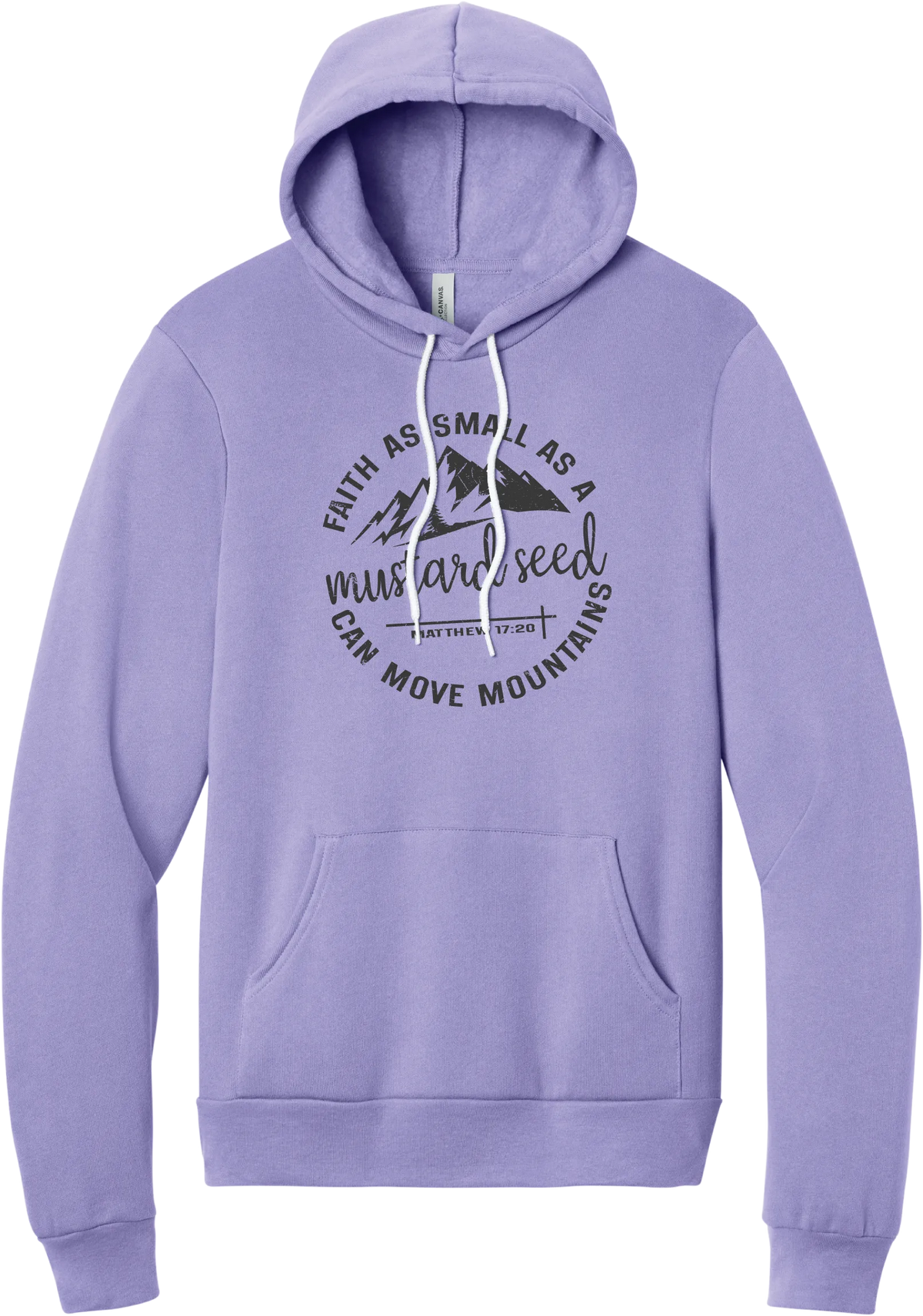 Mustard Seed Faith hoodie in Dark Lavender, featuring a circle badge of mountains and a cross with Faith as Small as a Mustard Seed Can Move Mountains lettering and Matthew 17:20