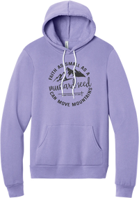 Mustard Seed Faith hoodie in Dark Lavender, featuring a circle badge of mountains and a cross with Faith as Small as a Mustard Seed Can Move Mountains lettering and Matthew 17:20