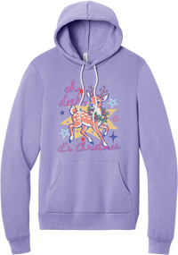 Oh Deer Retro hoodie in Dark Lavender, featuring a retro spotted fawn with a holly wreath, pastel stars, and Oh Deer It's Christmas script