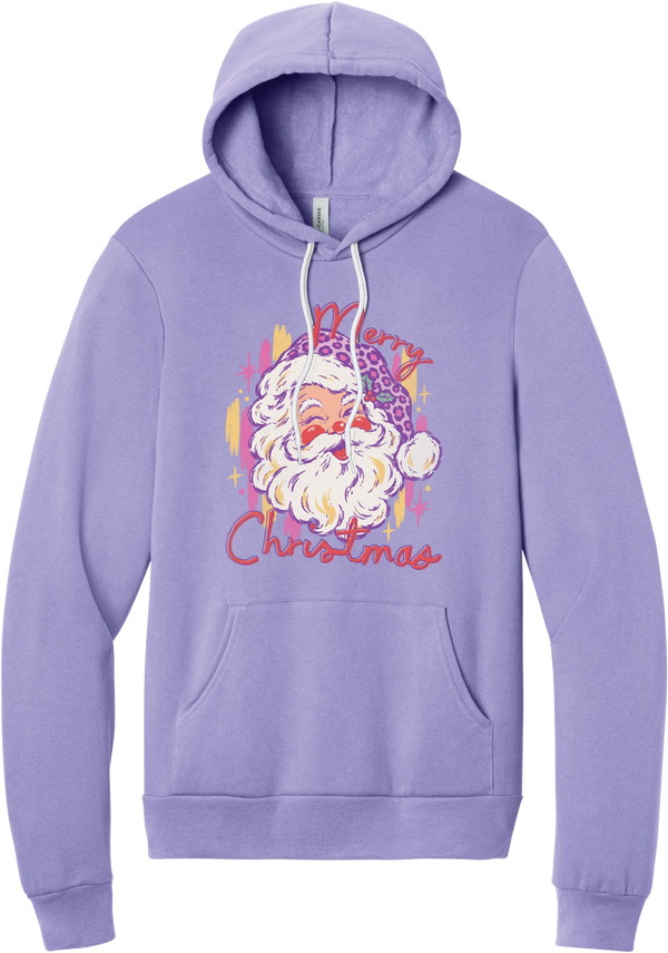 Preppy Santa (Pink Leopard) hoodie in Dark Lavender, featuring a vintage Santa in a pink leopard hat with Merry Christmas script and sparkles