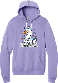 Remain Calm Nurse hoodie in Dark Lavender, featuring a smiling nurse goose in a cap and scrubs with sparkles and flowers above Remain Calm text