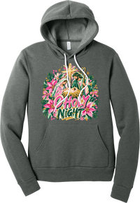Artful O Holy Night hoodie in Deep Heather, featuring a painted nativity under the star of Bethlehem with O Holy Night lettering framed by pink poinsettias and evergreen