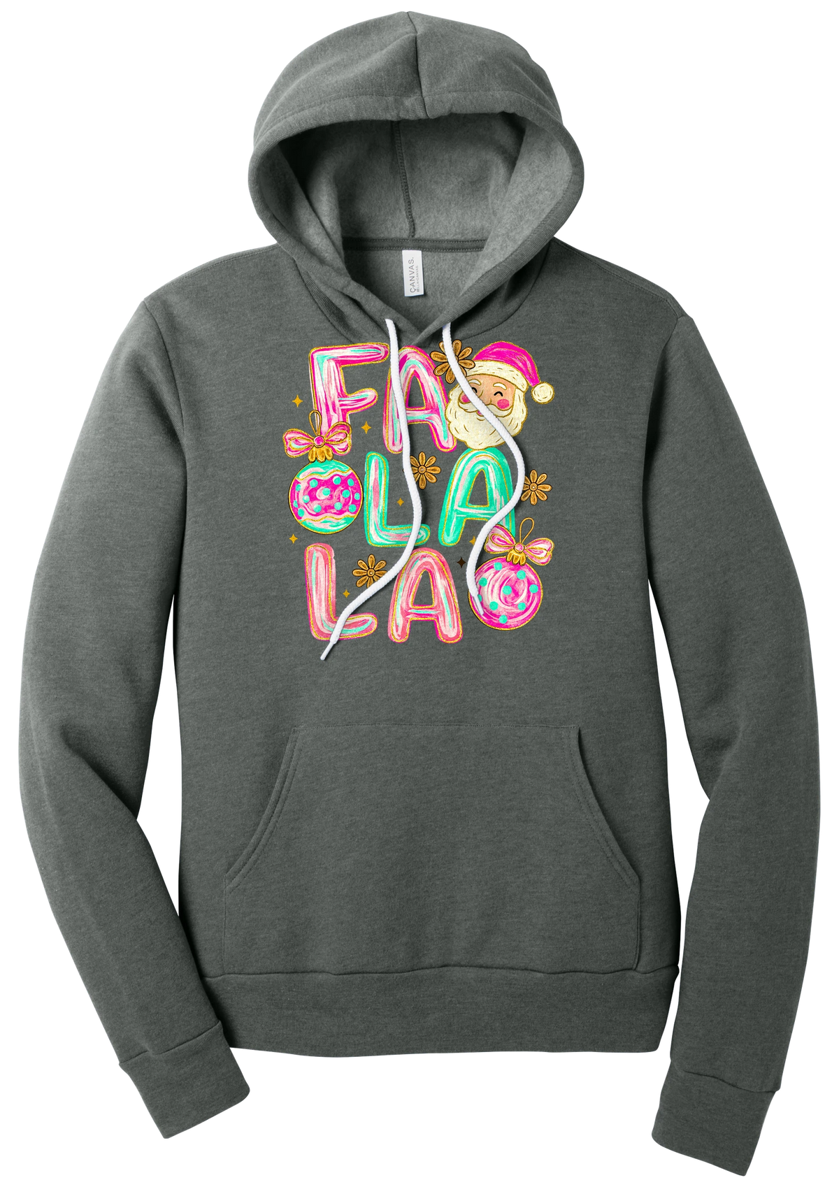 Fa La La Santa hoodie in Deep Heather, featuring puffy pastel FA LA LA letters with a smiling Santa, daisies, and ornaments