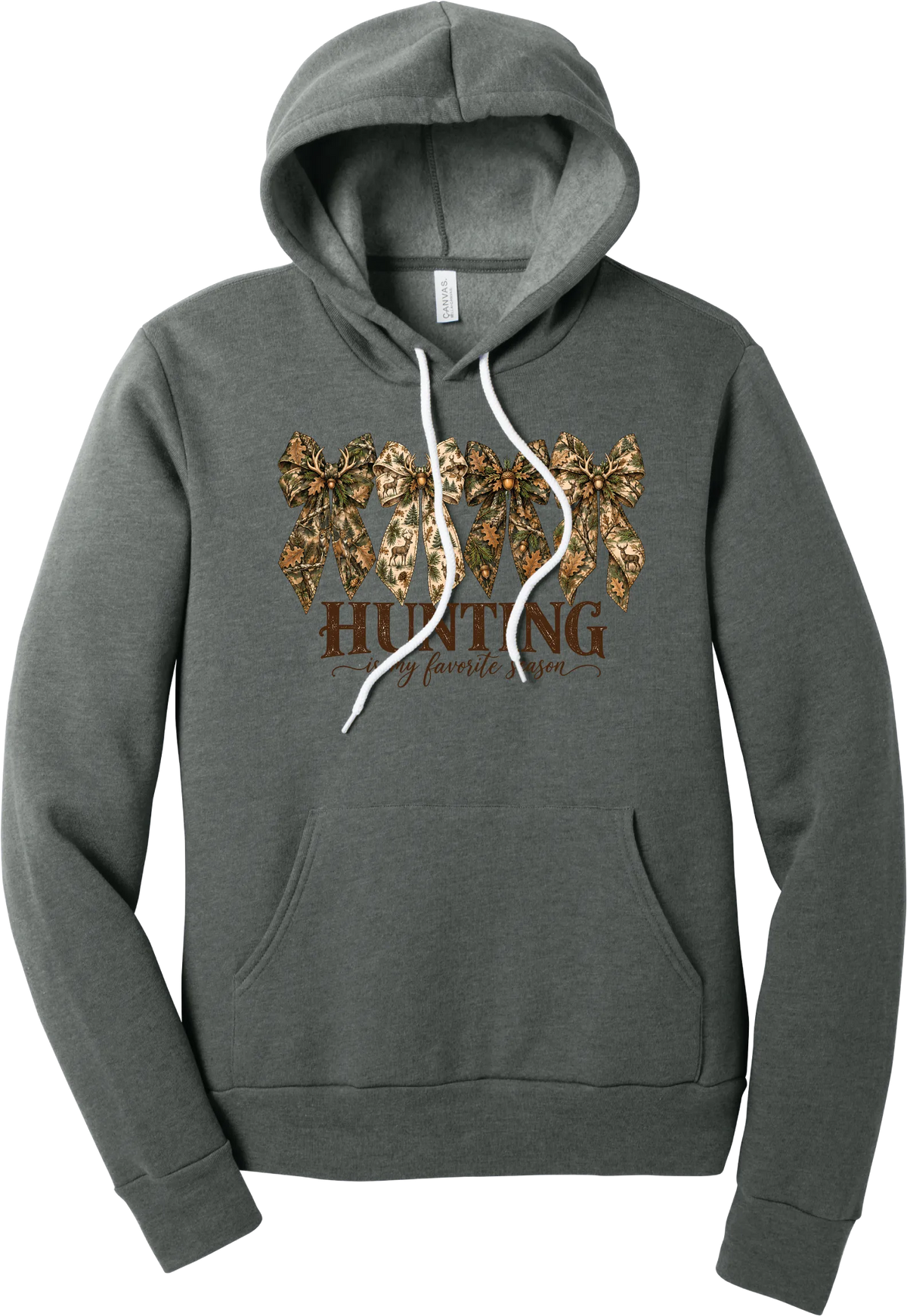 Hunting Is My Favorite Season hoodie in Deep Heather, featuring four camo coquette bows with antlers, acorns, and deer above Hunting Is My Favorite Season lettering