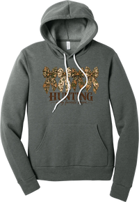 Hunting Is My Favorite Season hoodie in Deep Heather, featuring four camo coquette bows with antlers, acorns, and deer above Hunting Is My Favorite Season lettering