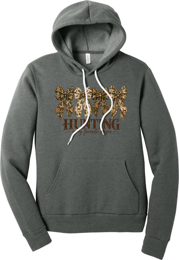 Hunting Is My Favorite Season hoodie in Deep Heather, featuring four camo coquette bows with antlers, acorns, and deer above Hunting Is My Favorite Season lettering