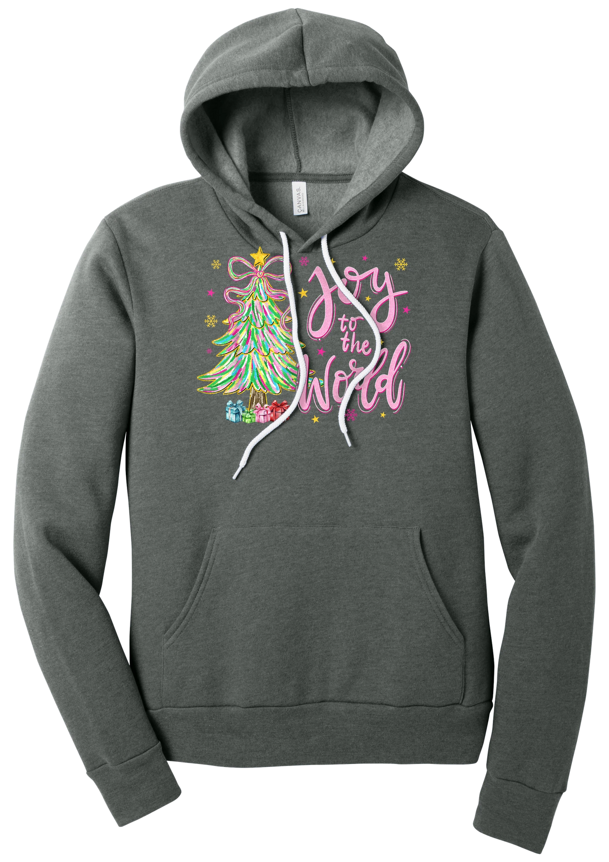 Joy to the World Pastel Tree hoodie in Deep Heather, featuring a pastel tinsel tree with a bow beside Joy to the World pink script