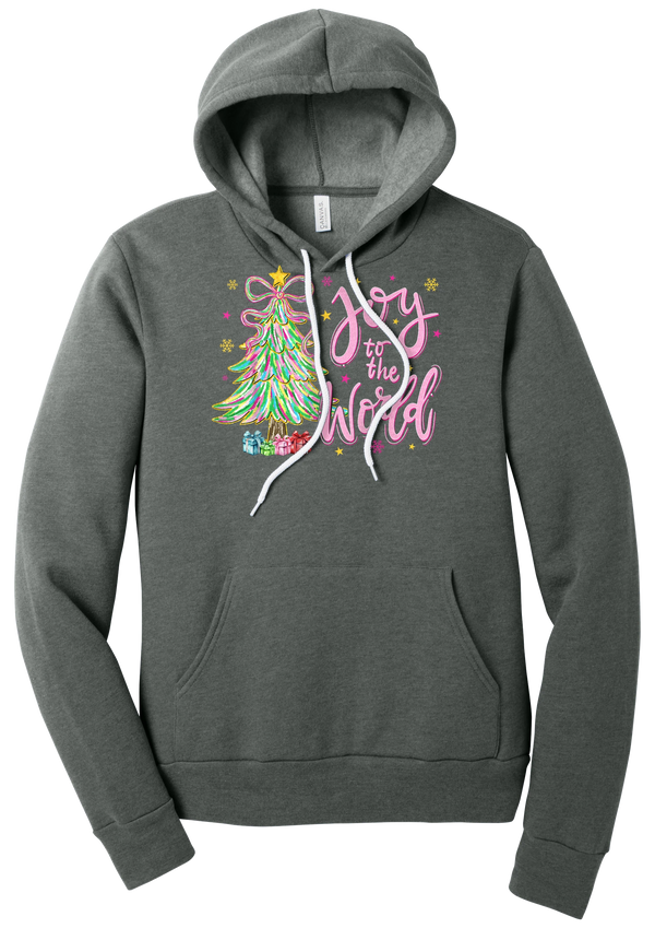 Joy to the World Pastel Tree hoodie in Deep Heather, featuring a pastel tinsel tree with a bow beside Joy to the World pink script