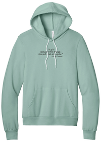 Coco Chanel Who and What Quote hoodie in Dusty Blue, featuring A girl should be two things who and what she wants in distressed black typewriter letters