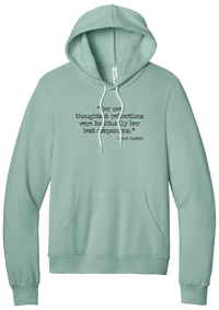 Jane Austen Best Companions Quote hoodie in Dusty Blue, featuring Her own thoughts and reflections were habitually her best companions in distressed black typewriter letters