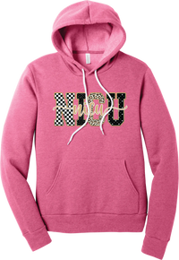 Glitzy Patterned NICU hoodie in Heather Charity Pink, featuring NICU block letters in checkerboard, polka dot, leopard, and starry patterns with a gold glitter outline and nicu script