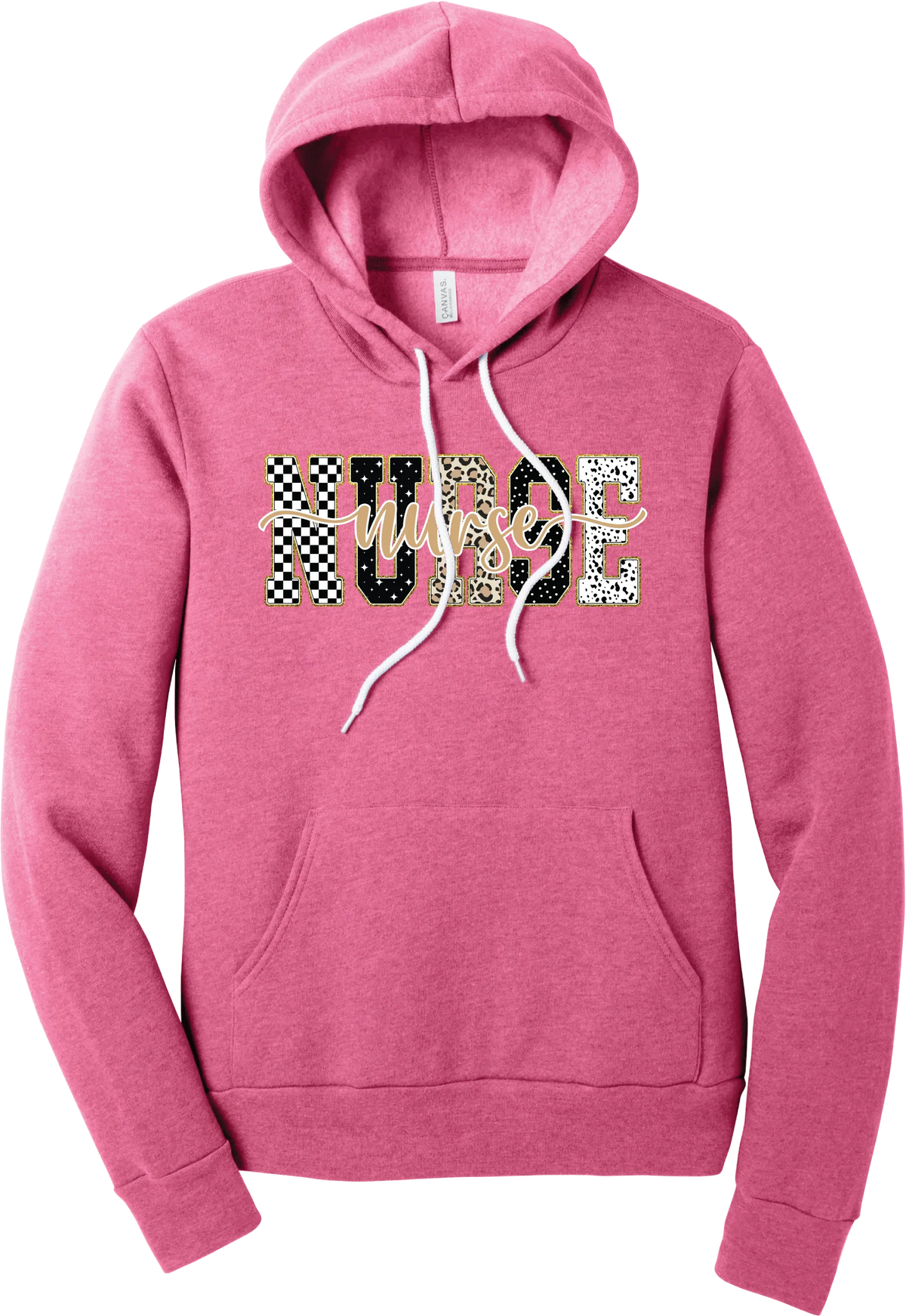 Glitzy Patterned Nurse hoodie in Heather Charity Pink, featuring NURSE block letters in checkerboard, leopard, and polka dot patterns with a gold glitter outline and nurse script