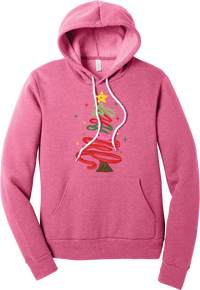 Hand Script Merry Christmas Tree hoodie in Heather Charity Pink, featuring loopy hand-drawn script in red, pink, and green forming a Christmas tree with a gold star and sparkles