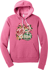 Merry and Bright Ornaments hoodie in Heather Charity Pink, featuring hand-painted pink and green ornaments reading Merry and Bright with a pink bow, holly, daisies, a candy cane, and a gingerbread man