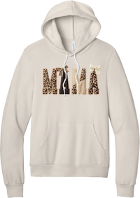 Mama Leopard Applique hoodie in Heather Dust, featuring MAMA spelled out in leopard, cream, and chocolate patches with a scalloped stitched applique look and two bows
