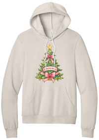 Adore Him Bow Tree hoodie in Heather Dust, featuring a green Christmas tree with pink bows, a gold star, and an Oh Come Let Us Adore Him banner