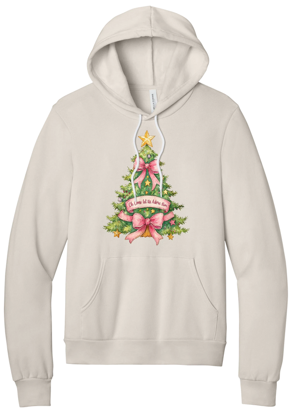Adore Him Bow Tree hoodie in Heather Dust, featuring a green Christmas tree with pink bows, a gold star, and an Oh Come Let Us Adore Him banner