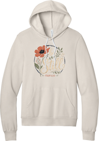Be Still hoodie in Heather Dust, featuring Be Still in hand lettered script with a coral poppy, greenery, and Psalm 46:10