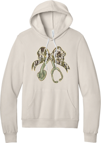 Camo Bow Stethoscope hoodie in Heather Dust, featuring a glittery camo print coquette bow tied to a sage green stethoscope