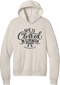 Clothed in Strength hoodie in Heather Dust, featuring She Is Clothed in Strength in hand lettered script with a bow and Proverbs 31:25
