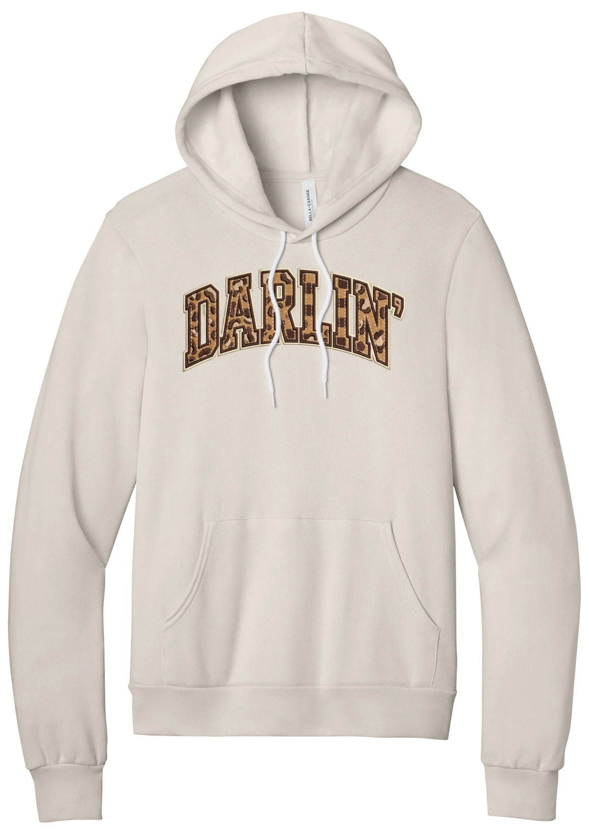 Darlin' hoodie, Checker Outline design, in Heather Dust, featuring arched varsity DARLIN' letters filled with leopard and checker print