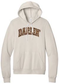 Darlin' hoodie, Checker Outline design, in Heather Dust, featuring arched varsity DARLIN' letters filled with leopard and checker print