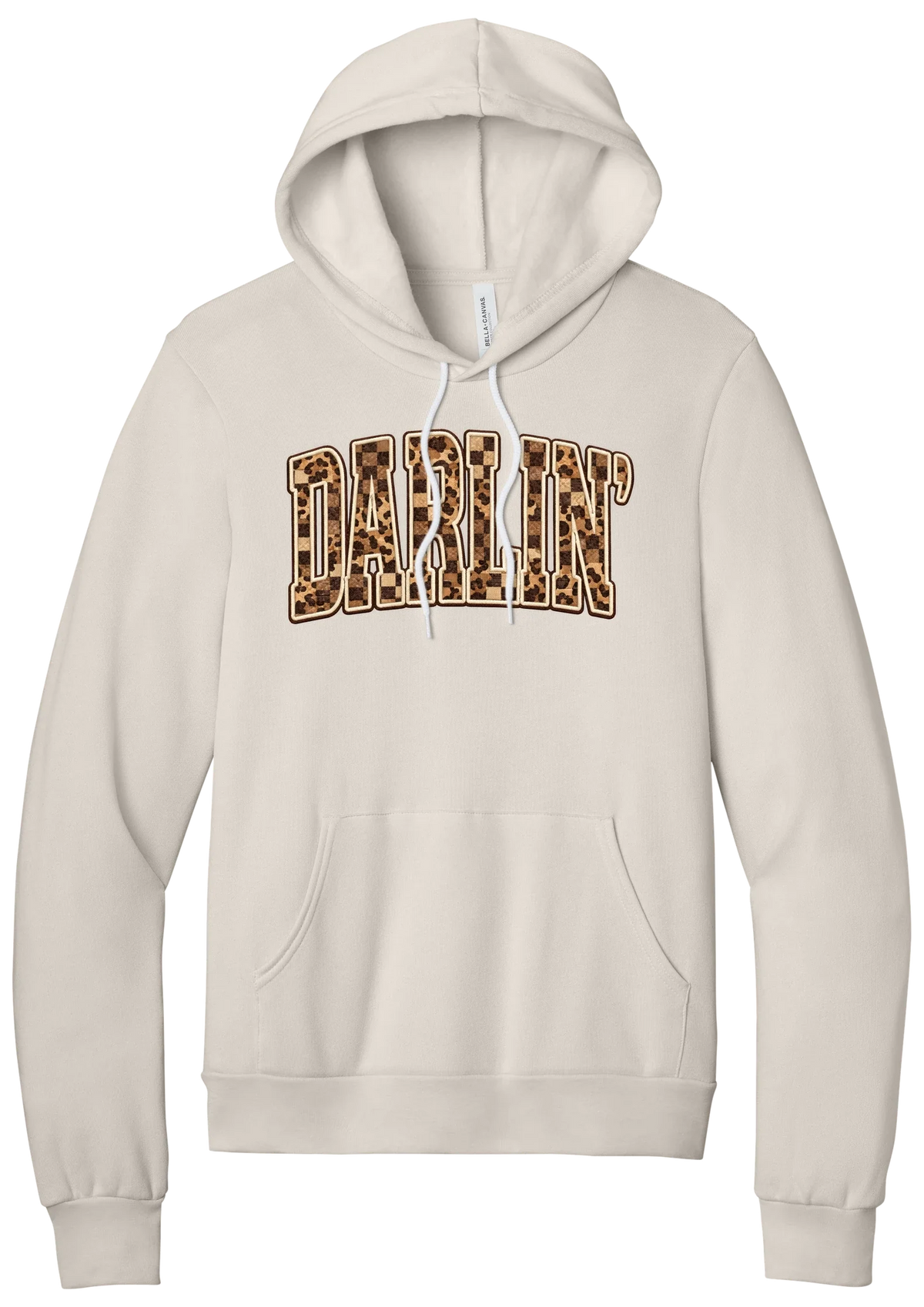 Darlin' hoodie, Leopard Checker design, in Heather Dust, featuring arched varsity DARLIN' letters filled with leopard and checker print