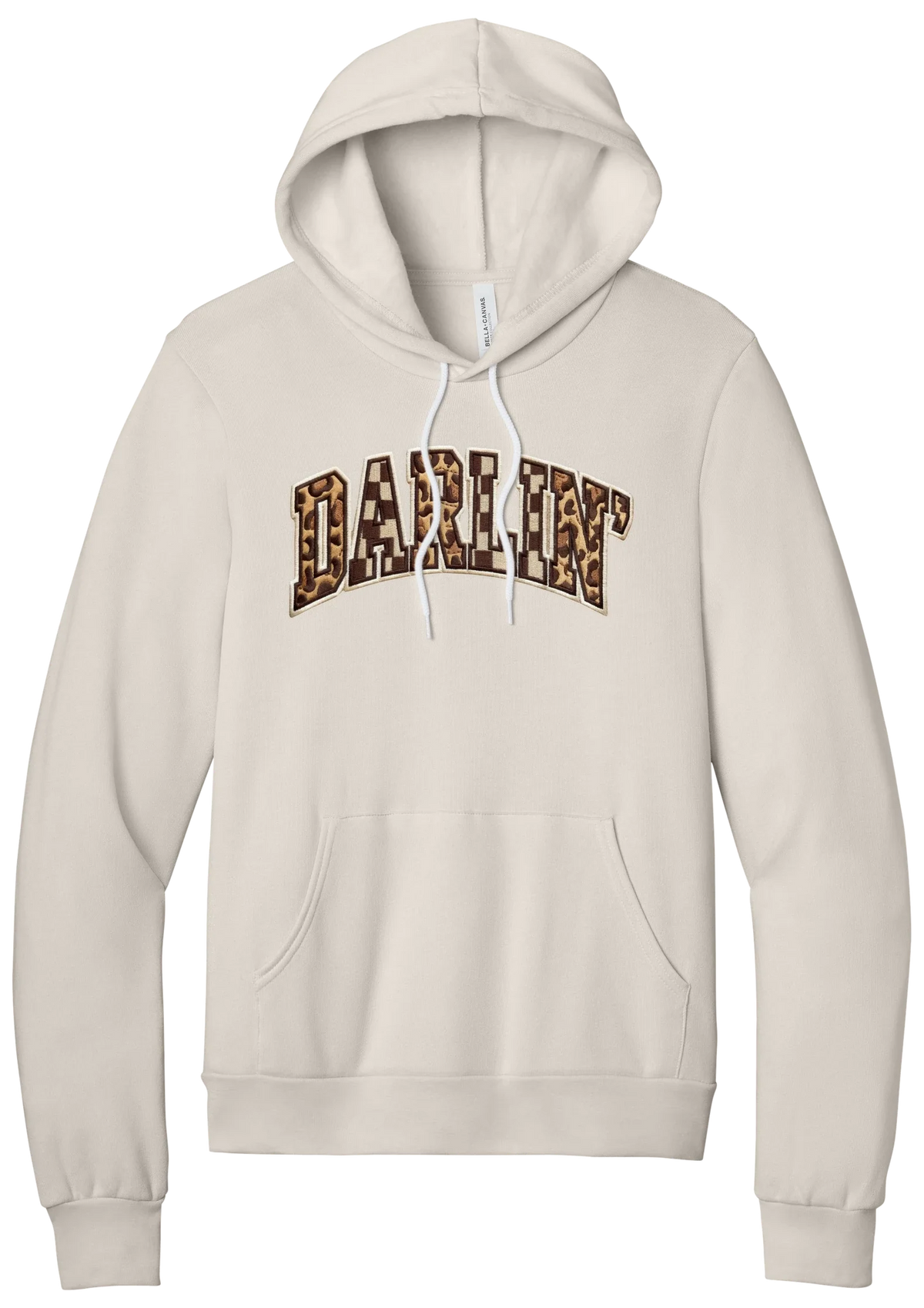 Darlin' hoodie, Patchwork design, in Heather Dust, featuring arched varsity DARLIN' letters filled with leopard and checker print
