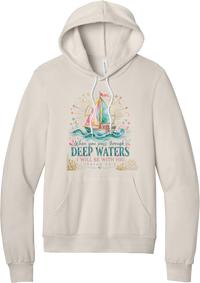 Deep Waters hoodie in Heather Dust, featuring a watercolor sailboat on sparkling waves with When You Pass Through Deep Waters I Will Be With You lettering and Isaiah 43:2