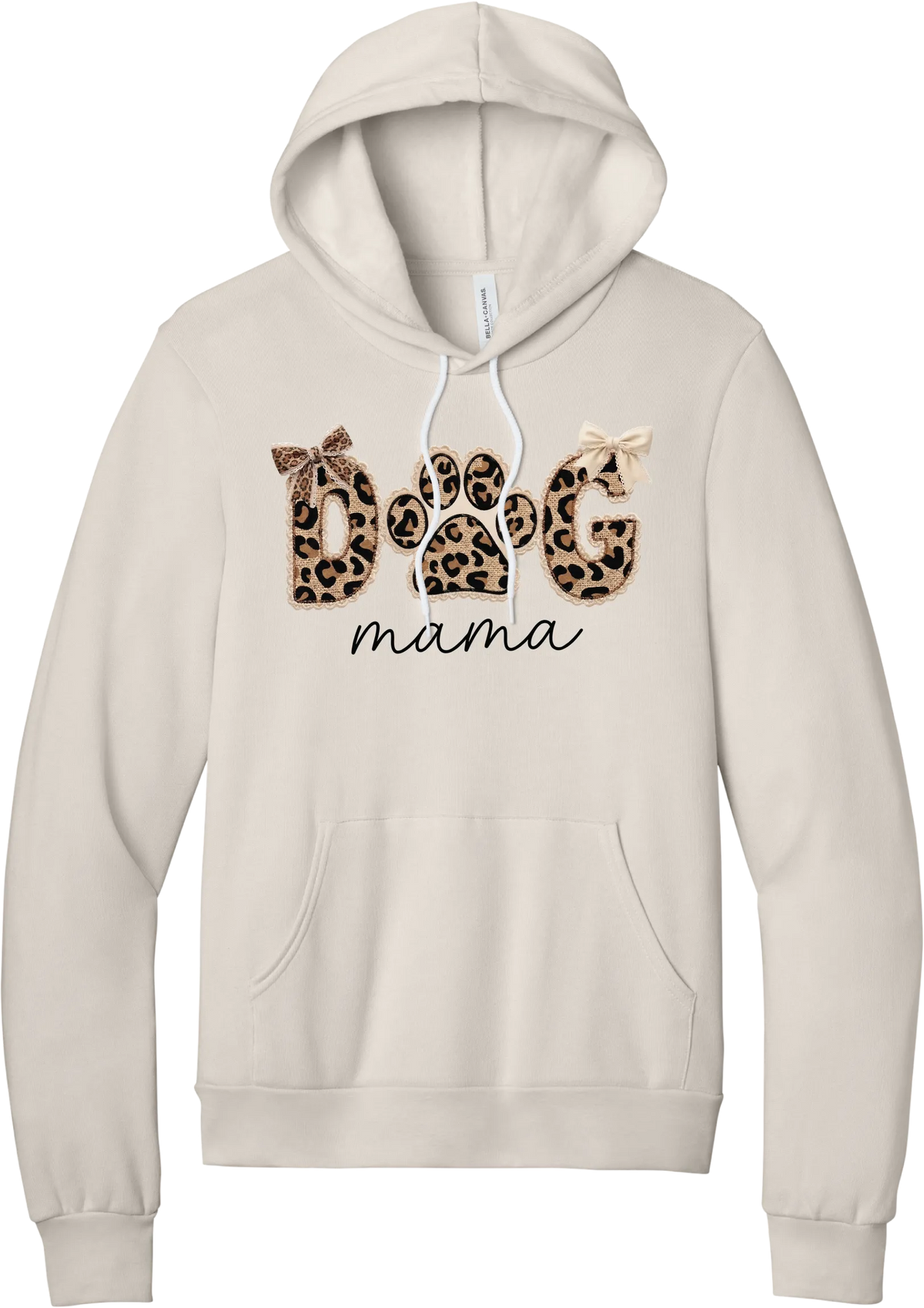 Autumn Dog Mama hoodie in Heather Dust, featuring leopard print DOG letters with a paw print, cream bows, and mama script