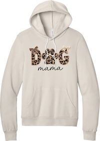 Autumn Dog Mama hoodie in Heather Dust, featuring leopard print DOG letters with a paw print, cream bows, and mama script