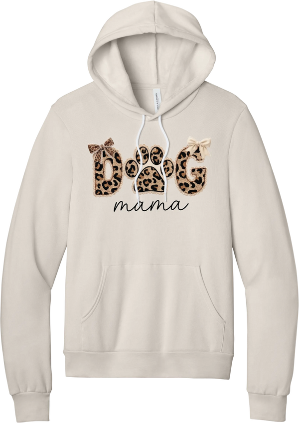 Autumn Dog Mama hoodie in Heather Dust, featuring leopard print DOG letters with a paw print, cream bows, and mama script