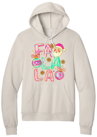 Fa La La Santa hoodie in Heather Dust, featuring puffy pastel FA LA LA letters with a smiling Santa, daisies, and ornaments