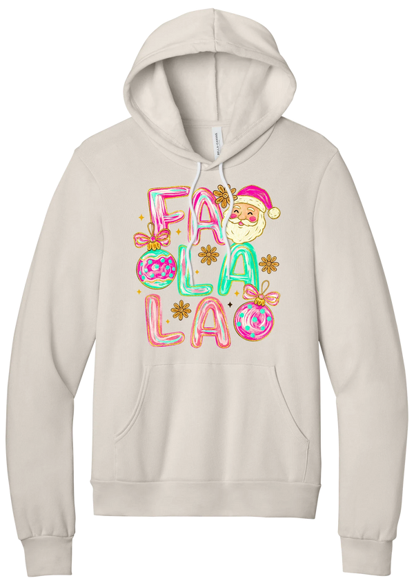 Fa La La Santa hoodie in Heather Dust, featuring puffy pastel FA LA LA letters with a smiling Santa, daisies, and ornaments