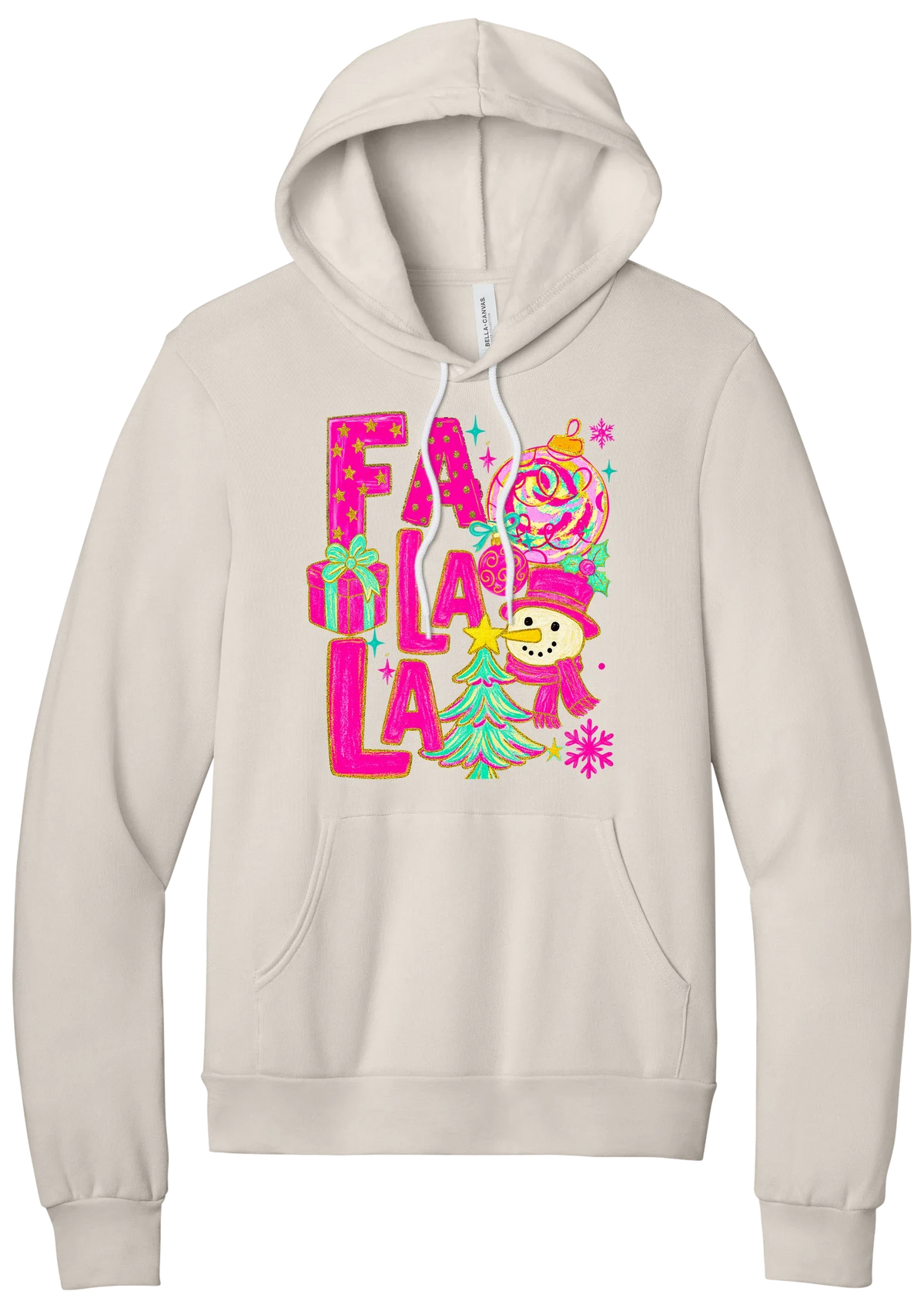 Fa La La Snowman hoodie in Heather Dust, featuring stacked hot pink FA LA LA letters with a snowman, a tinsel tree, gifts, and ornaments