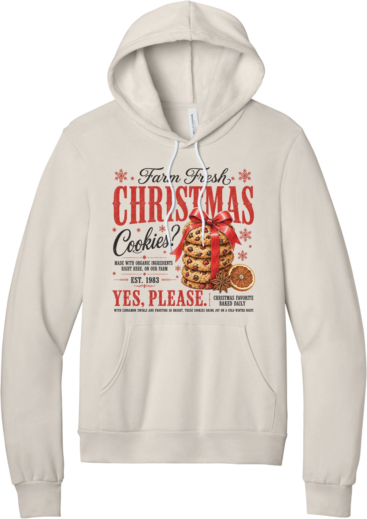 Farm Fresh Christmas Cookies hoodie in Heather Dust, featuring a vintage farmhouse bakery sign with a stack of Christmas cookies tied in a red bow, a dried orange slice, and red and black lettering